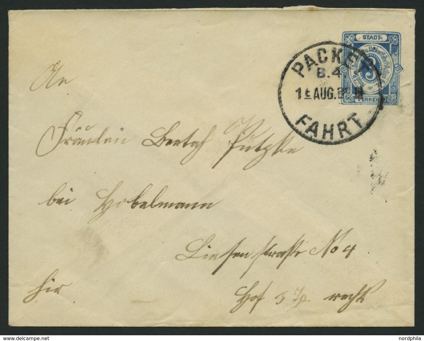 BERLIN B U BRIEF, PACKETFARHT GESELLSCHAFT: 1890, 3 Pf. Blau, Ganzsachenumschlag, Bedarfsbrief, Pracht - Otros & Sin Clasificación