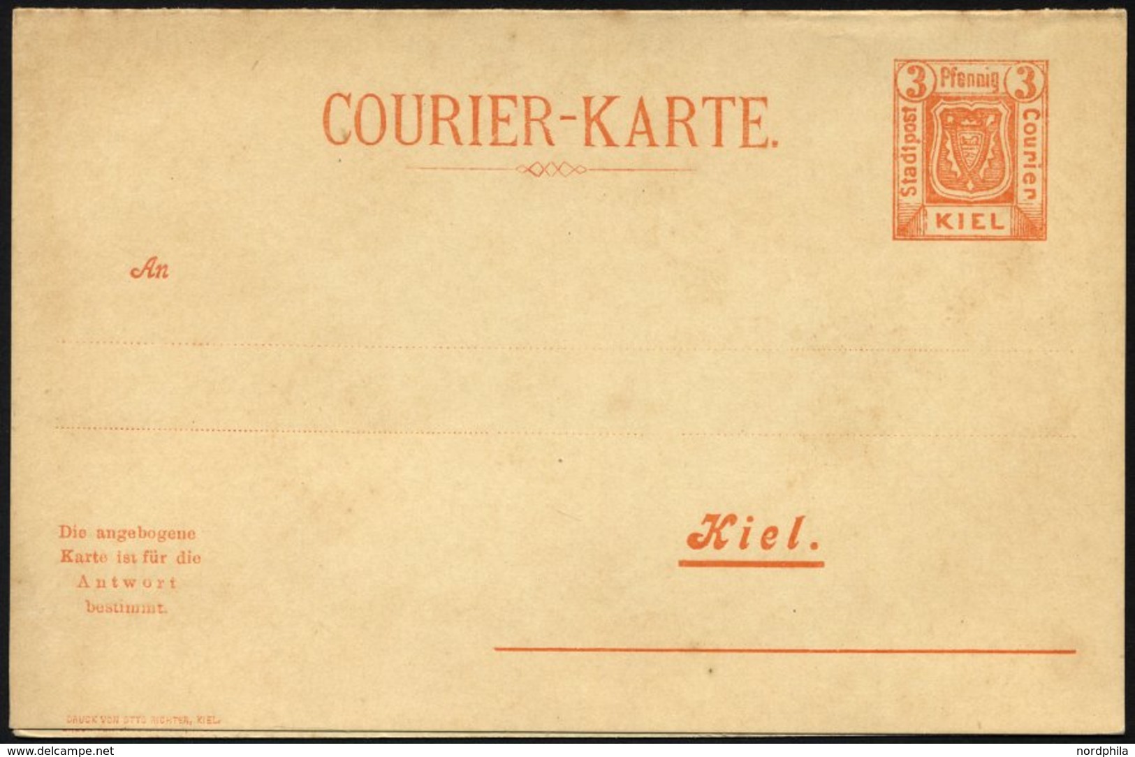 KIEL A P 22F BRIEF, COURIER: 1899, 3/3 Pf. Orange, Antwort-Doppelkarte Mit Fehldruck Auf Antwortteil, Ungebraucht, Prach - Private & Lokale Post