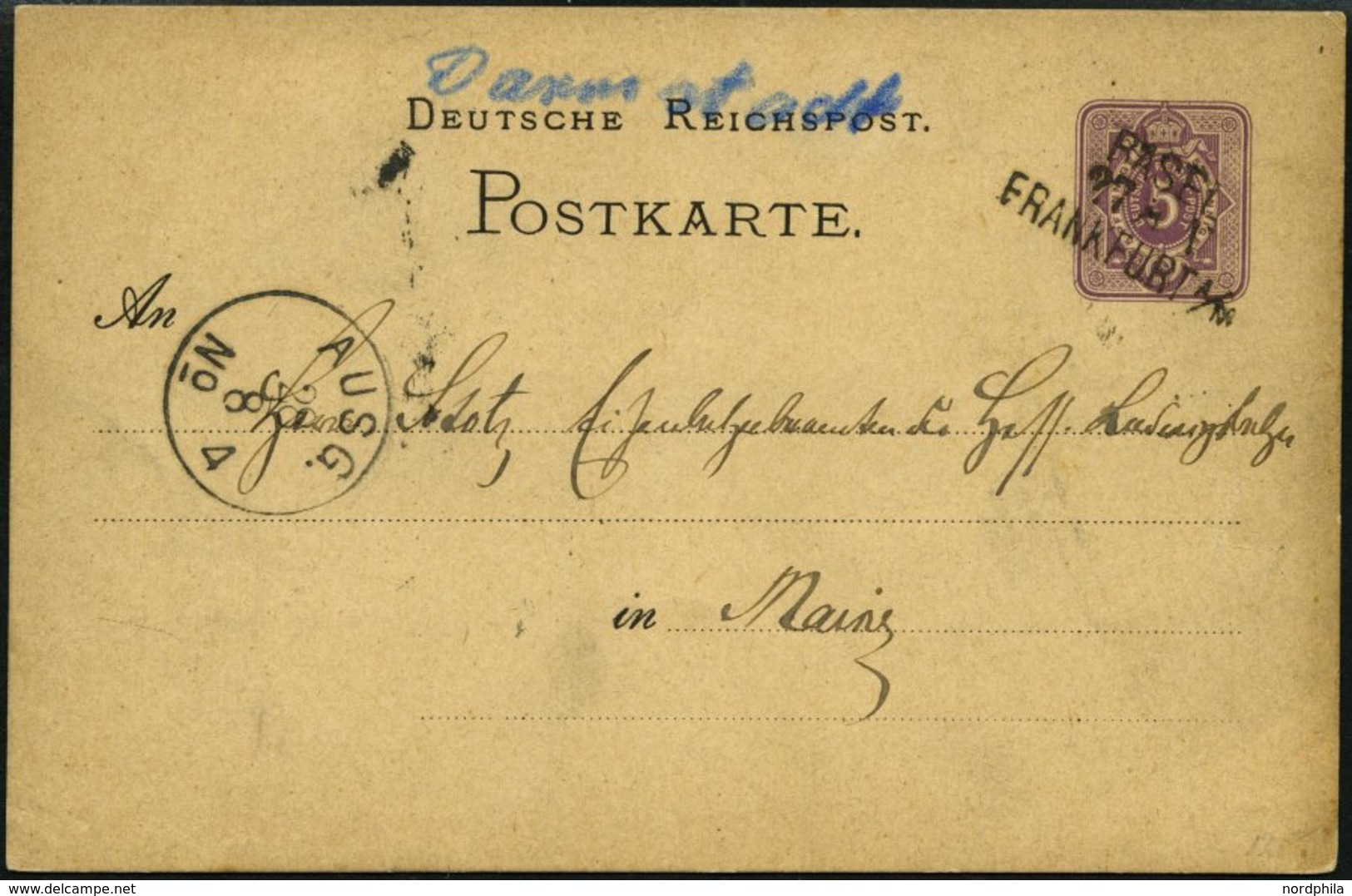 BAHNPOST DR P 5 BRIEF, Basel-Frankfurt, L3 Und Handschriftlich DARMSTADT Auf 5 Pfe. Ganzsachenkarte Von 1879, Feinst - Frankeermachines (EMA)