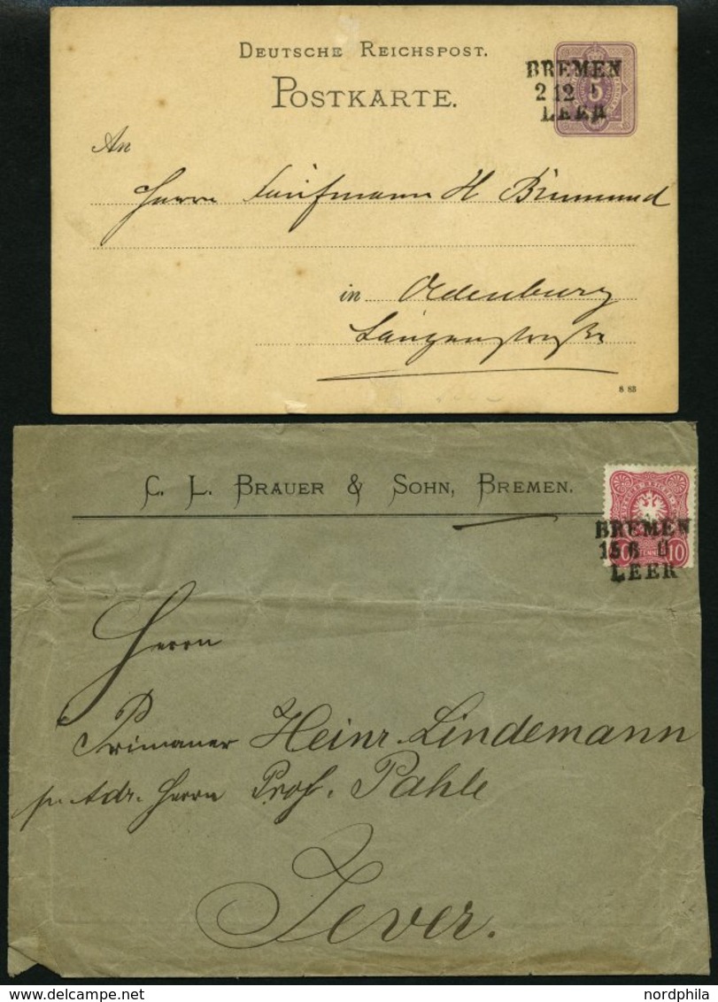 BAHNPOST DR 41 BRIEF, Bremen-Leer, L3 Auf 5 Pf. Ganzsachenkarte Von 1883 Und Brief Mit 10 Pf. Karmin Von 1882, Feinst - Macchine Per Obliterare (EMA)
