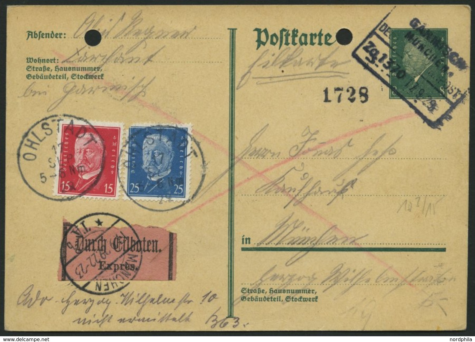 BAHNPOST DR 414,416 BRIEF, Garmisch-München (Zug 1370), R4 Und Stempel 1728 Auf Eilbotenkarte Mit 15 Und 25 Pf. Hindenbu - Máquinas Franqueo (EMA)