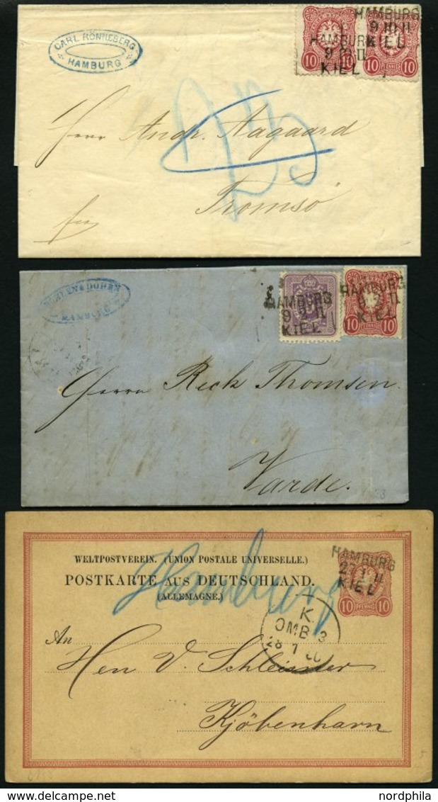 BAHNPOST DR 32/3 BRIEF, Hamburg-Kiel, L3, 1875-1880, 4 Belege Nach Dänemark, Dabei 2 Ganzsachenkarten Sowie 2 Briefe Mit - Macchine Per Obliterare (EMA)