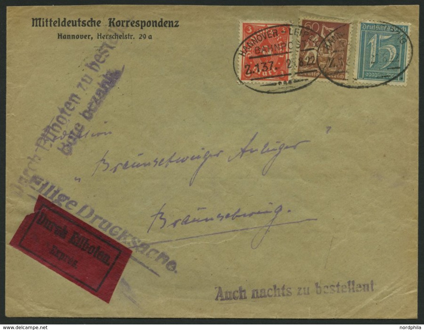 BAHNPOST DR 165,179,225 BRIEF, Hannover-Leipzig (Zug 137) Auf Eilbotenbrief Mit 3 M., 15 Und 60 Pf. Inflation Von 1922,  - Macchine Per Obliterare (EMA)