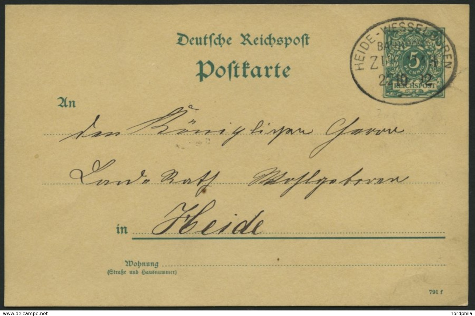 BAHNPOST Heide-Wesselburen, 1892, Auf 5 Pf. Ganzsachenkarte, Pracht - Franking Machines (EMA)