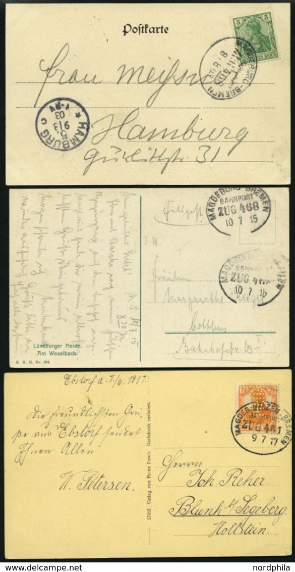 BAHNPOST Magdeburg-Bremen (Zug 268 (2x) Und 481), 1903-1917, 3 Ansichtskarten Sowie L3 Auf Brief Nach Stendal Von 1876,  - Machines à Affranchir (EMA)