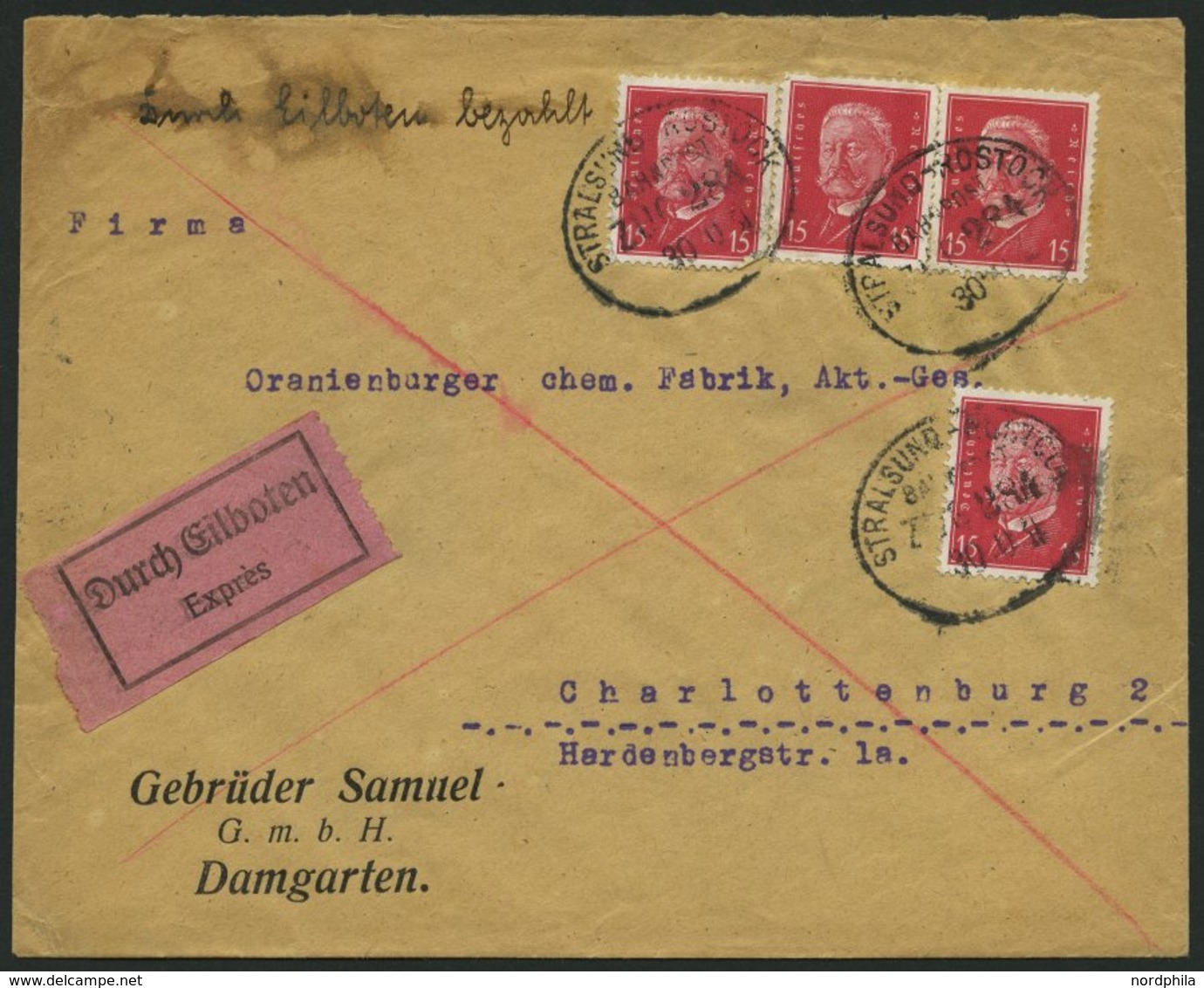 BAHNPOST DR 414 BRIEF, Stralsund-Rostock (Zug 284) Auf Eilbotenbrief Mit 4x 15 Pf. Hindenburg Von 1931, Feinst - Franking Machines (EMA)