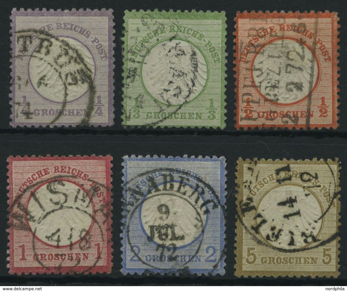 Dt. Reich 1-6 O, 1872, 1/4 - 5 Gr. Kleine Brustschilde, 6 Prachtwerte, Mi. 375.- - Usati