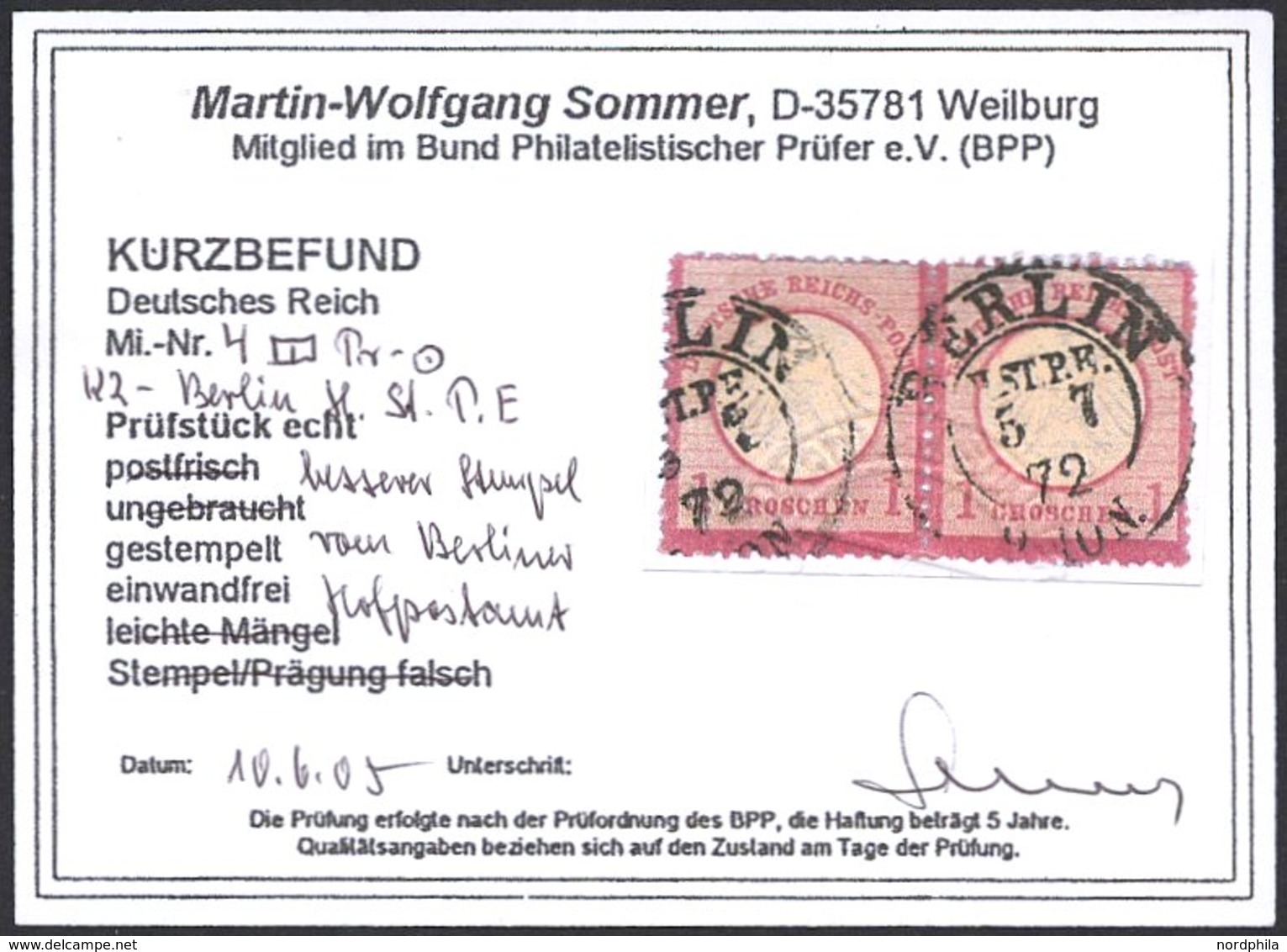 Dt. Reich 4 Paar O, 1872, 1 Gr. Rotkarmin Im Waagerechten Paar, K2 BERLIN H.ST.P.E. (Hofpostamt!), Normale Zähnung, Prac - Gebruikt