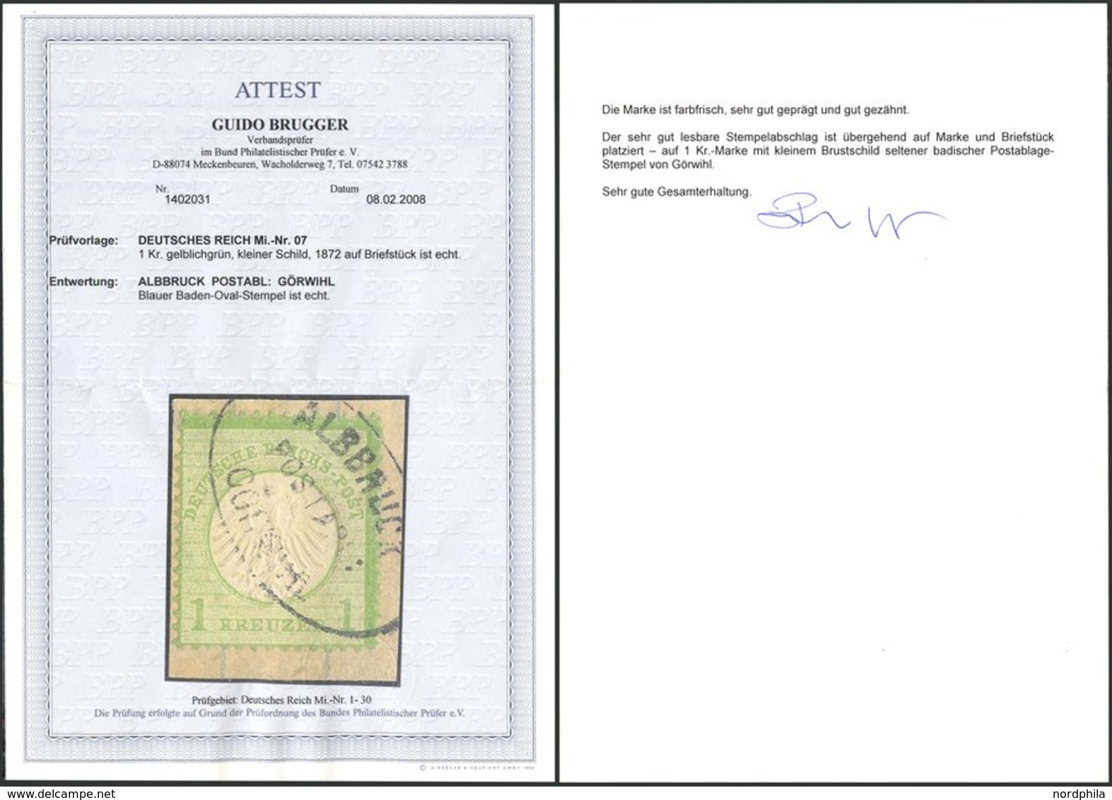 Dt. Reich 7 BrfStk, 1872, 1 Kr. Gelblichgrün Mit Badischem Postablagestempel ALBBRUCK/GÖRWIHL, Prachtbriefstück, R!, Fot - Used Stamps