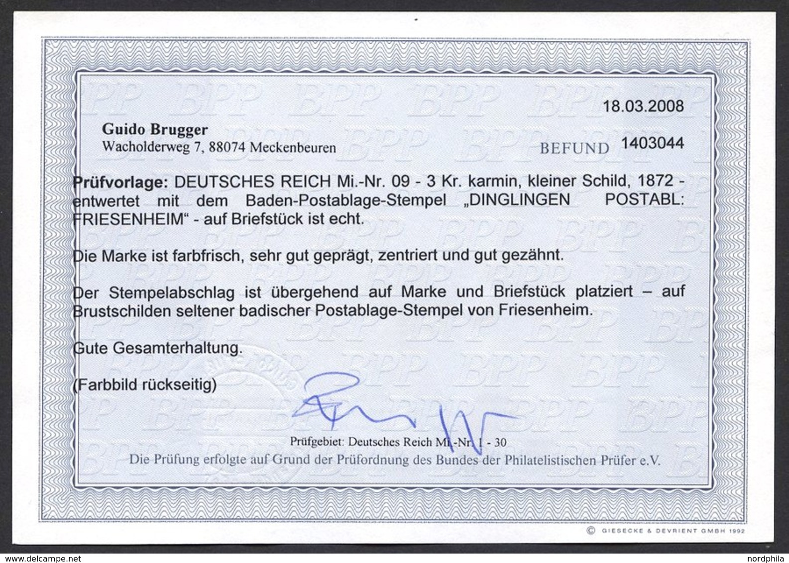 Dt. Reich 9 BrfStk, 1872, 3 Kr. Karmin, Postablagestempel DINGLINGEN/FRIESENHEIM, Prachtbriefstück, Fotobefund Brügger - Usados