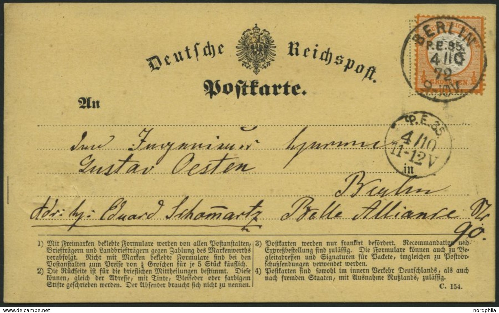 Dt. Reich 18 BRIEF, 1872, 1/2 Gr. Orange Auf Ortspostkarte Mit K1 BERLIN P.E.35 Und Ankunftsstempel P.E.35, Prachtkarte - Used Stamps