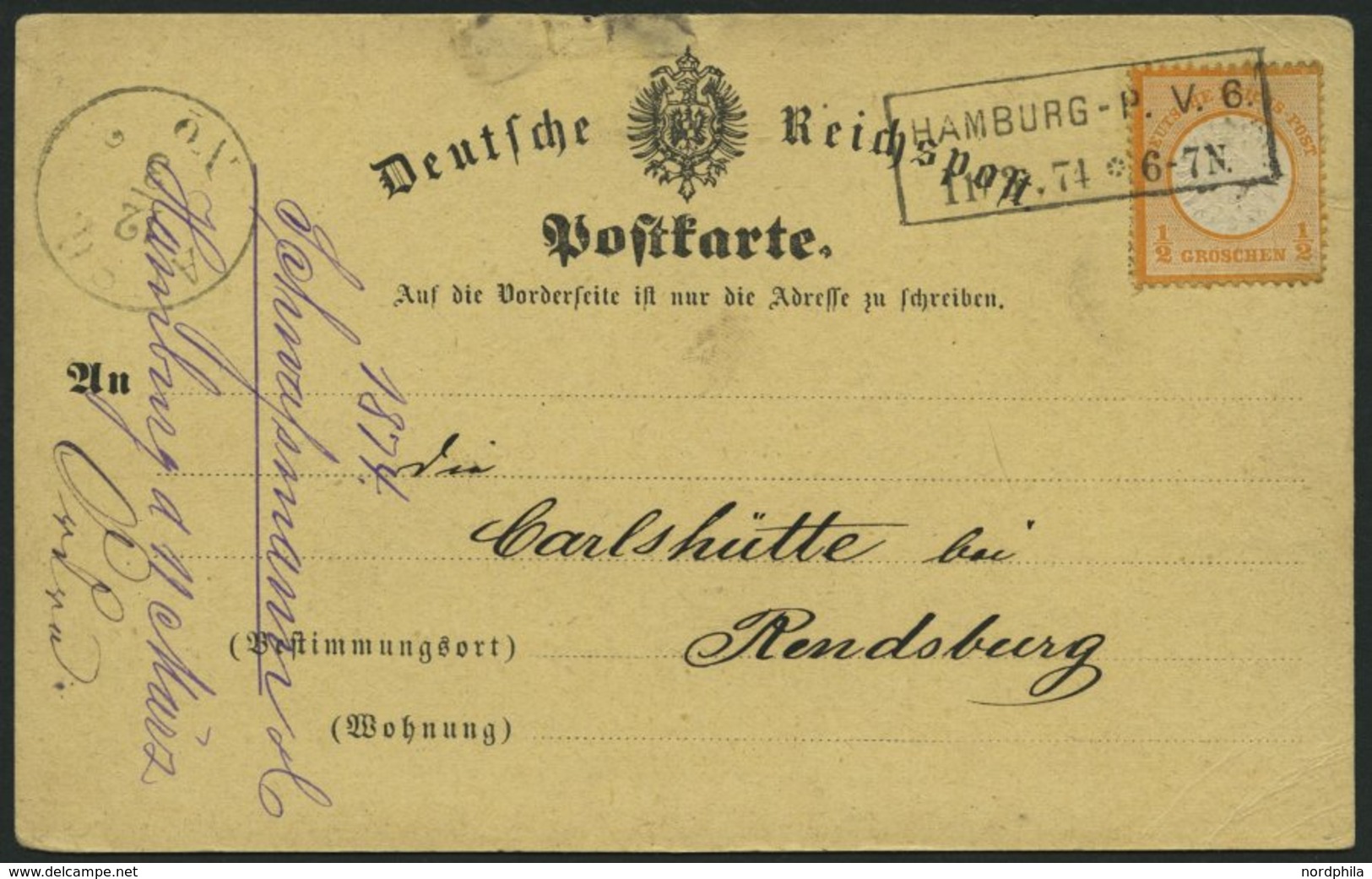 Dt. Reich 18 BRIEF, 1874, 1/2 Gr. Orange Auf Postkarte Mit R2 HAMBURG-P.V.6, Nach Rendsburg, Feinst - Gebruikt