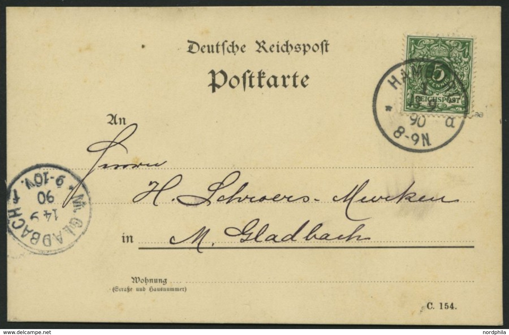 Dt. Reich 46aa BRIEF, 1890, 5 Pf. Dunkelgrün, Prachtkarte Von HAMBURG Nach M. Gladbach, Gepr. Zenker - Used Stamps