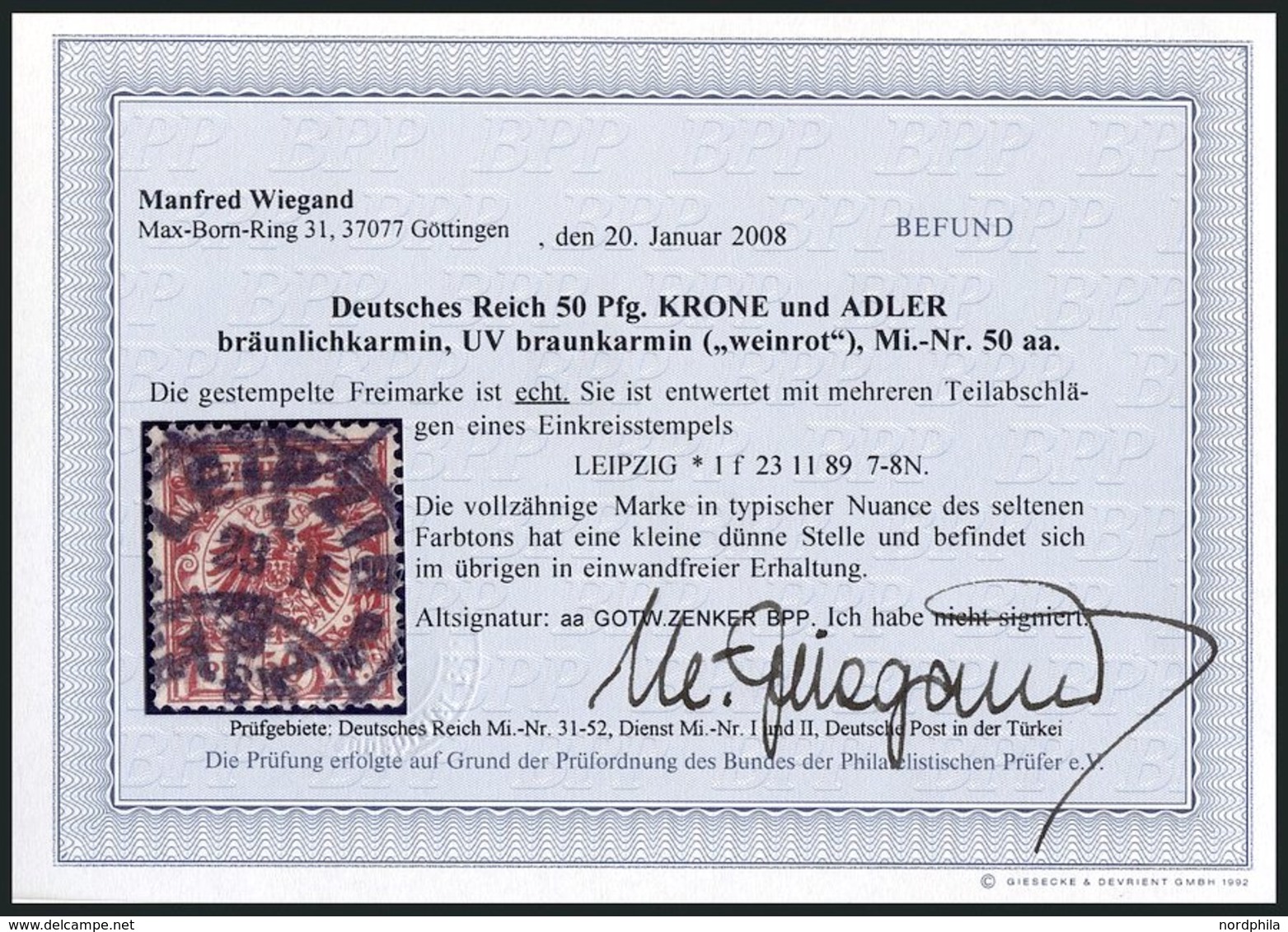 Dt. Reich 50aa O, 1889, 50 Pf. Weinrot, Kleine Dünne Stelle Sonst Pracht, Fotobefund Wiegand, Mi. 2000.- - Usati