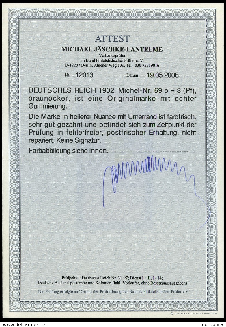 Dt. Reich 69b **, 1904, 3 Pf. Braunocker,ohne Wz., Postfrisch, Unterrandstück, Pracht, Fotoattest Jäschke-L., Mi. (900.- - Other & Unclassified