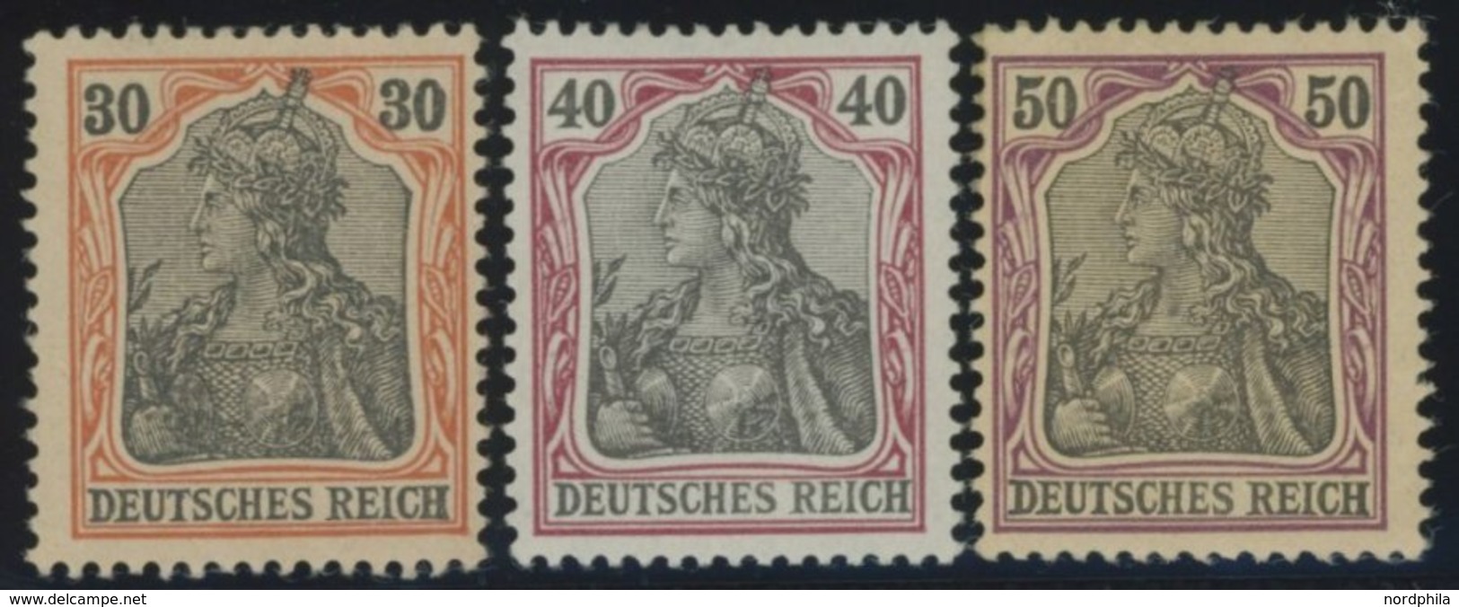 Dt. Reich 74-76 *, 1902, 30 - 50 Pf. Germania, Ohne Wz., Falzreste, 3 Werte Feinst, Mi. 290.- - Autres & Non Classés