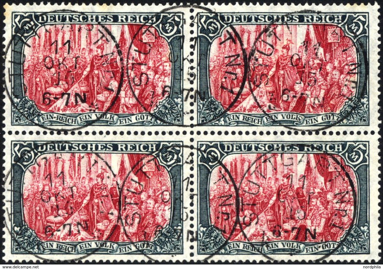 Dt. Reich 97AIb VB O, 1906, 5 M. Friedensdruck, Karmin Quarzend, Im Viererblock, Pracht, Gepr. Dr. Oechsner - Other & Unclassified