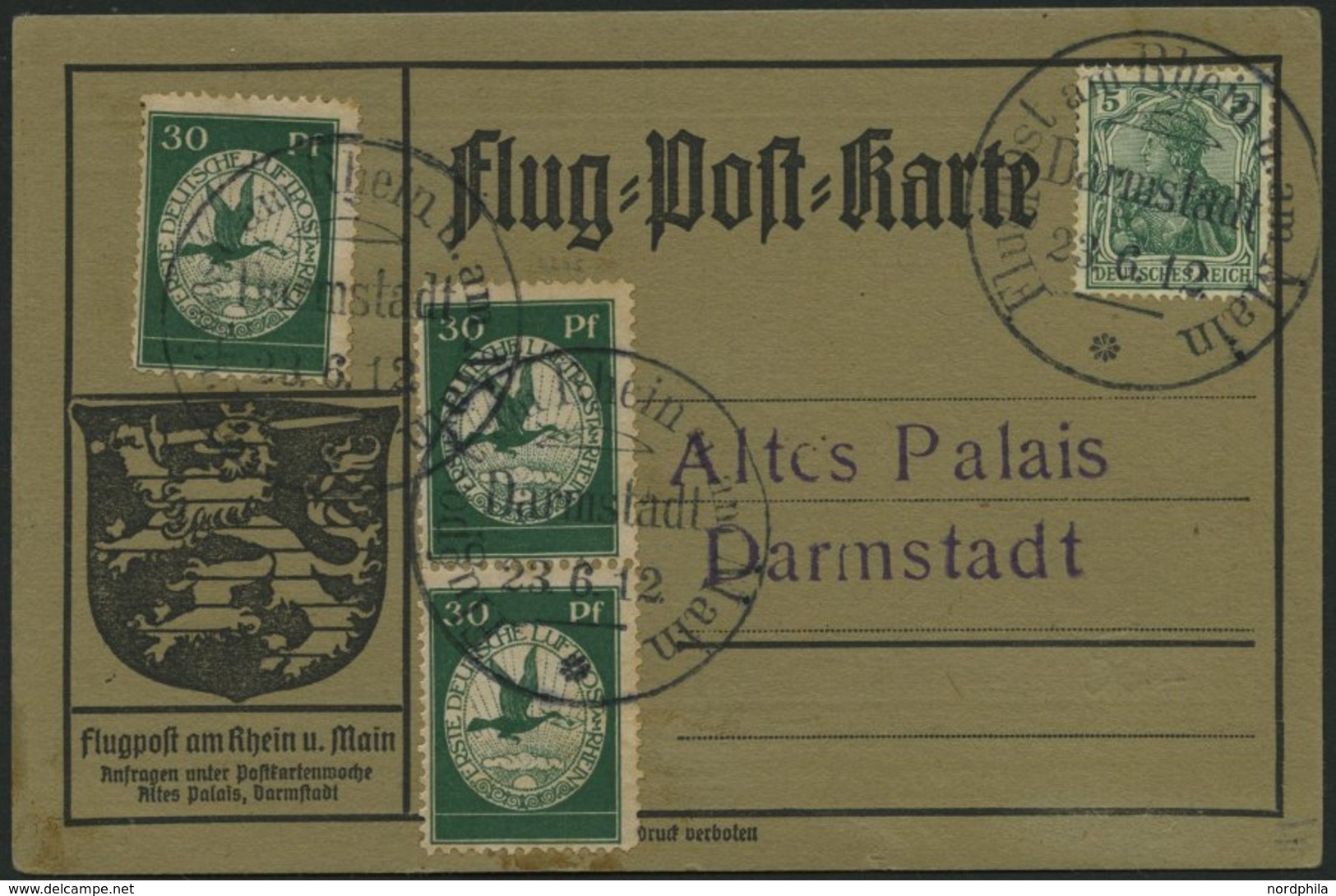 Dt. Reich III BRIEF, 1912, 30 Pf. Flugpost Am Rhein- Und Main, 3x Auf Karte Mit Sonderstempel DARMSTADT, Pracht, Mi. 400 - Otros & Sin Clasificación