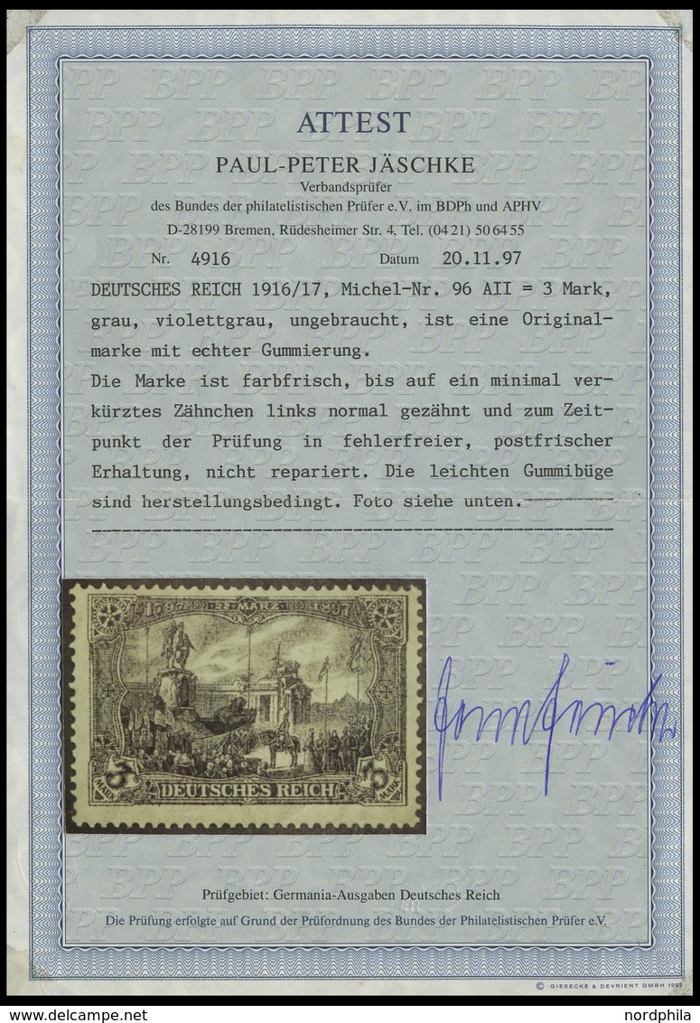 Dt. Reich 96AII **, 1919, 3 M. Kriegsdruck, Gezähnt A, Postfrisch, Links Ein Minimal Verkürzter Zahn Sonst Pracht, Fotoa - Altri & Non Classificati