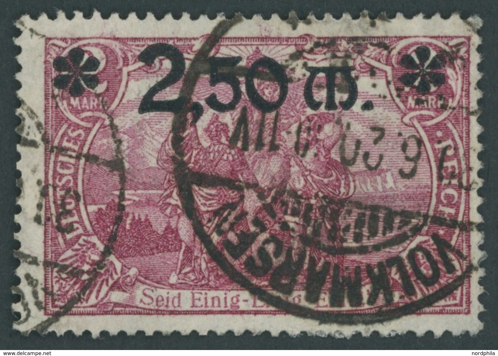 Dt. Reich 118b O, 1920, 2.50 M. Auf 2 M. Lilarosa, Feinst (Eckbüge), Gepr. Bauer, Mi. 250.- - Usados