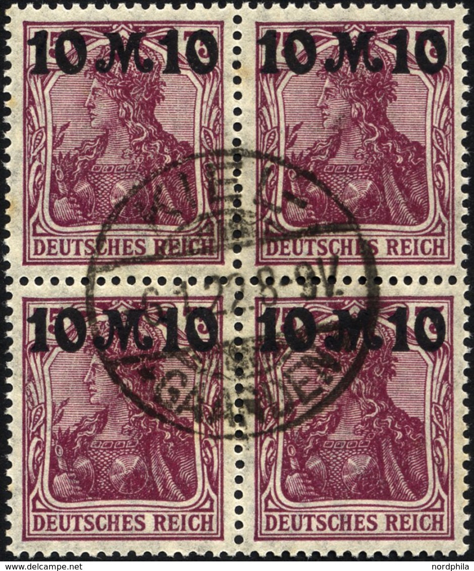 Dt. Reich 157II VB O, 1921, 10 M. Auf 75 Pf. Schwärzlichrosalila, Aufdruck Rußig, Im Zentrisch Gestempelten Viererblock, - Gebruikt