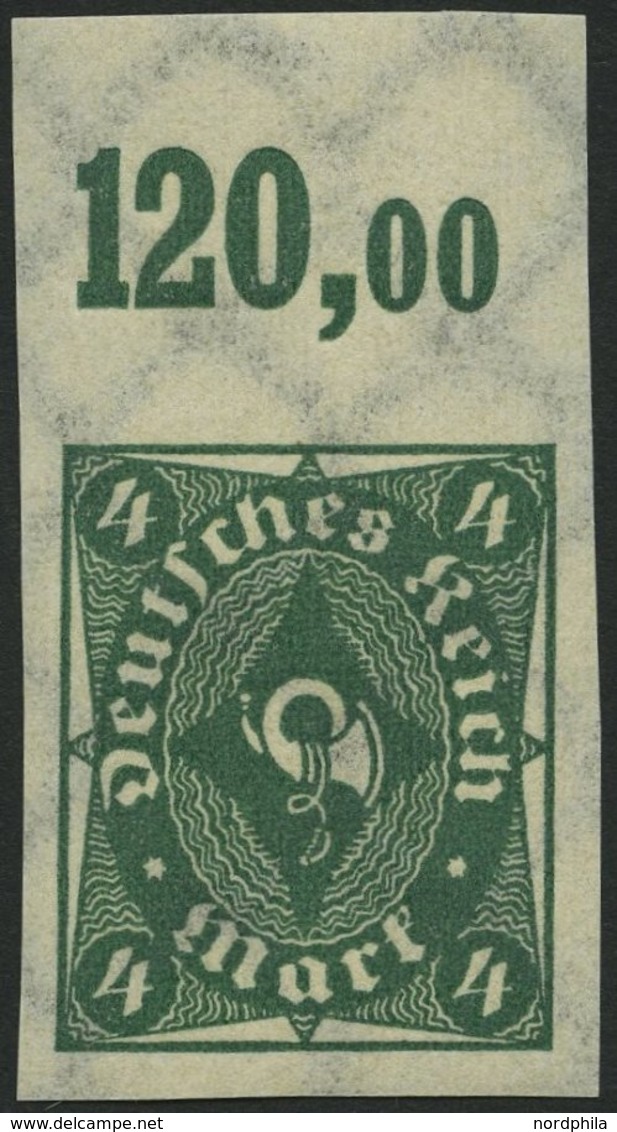 Dt. Reich 226aUPOR **, 1922, 4 M. Dunkelgrün, Ungezähnt, Oberrandstück, Pracht - Usados