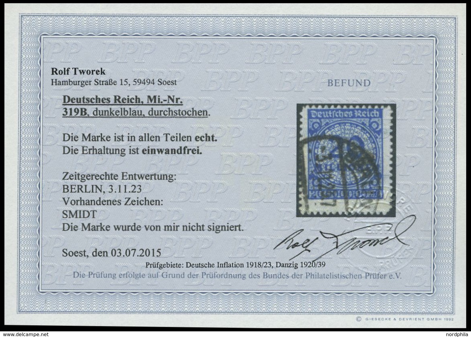 Dt. Reich 319B O, 1923, 20 Mio. M. Dunkelviolettultramarin, Durchstochen, Pracht, Fotobefund Tworek, Mi. 400.- - Used Stamps