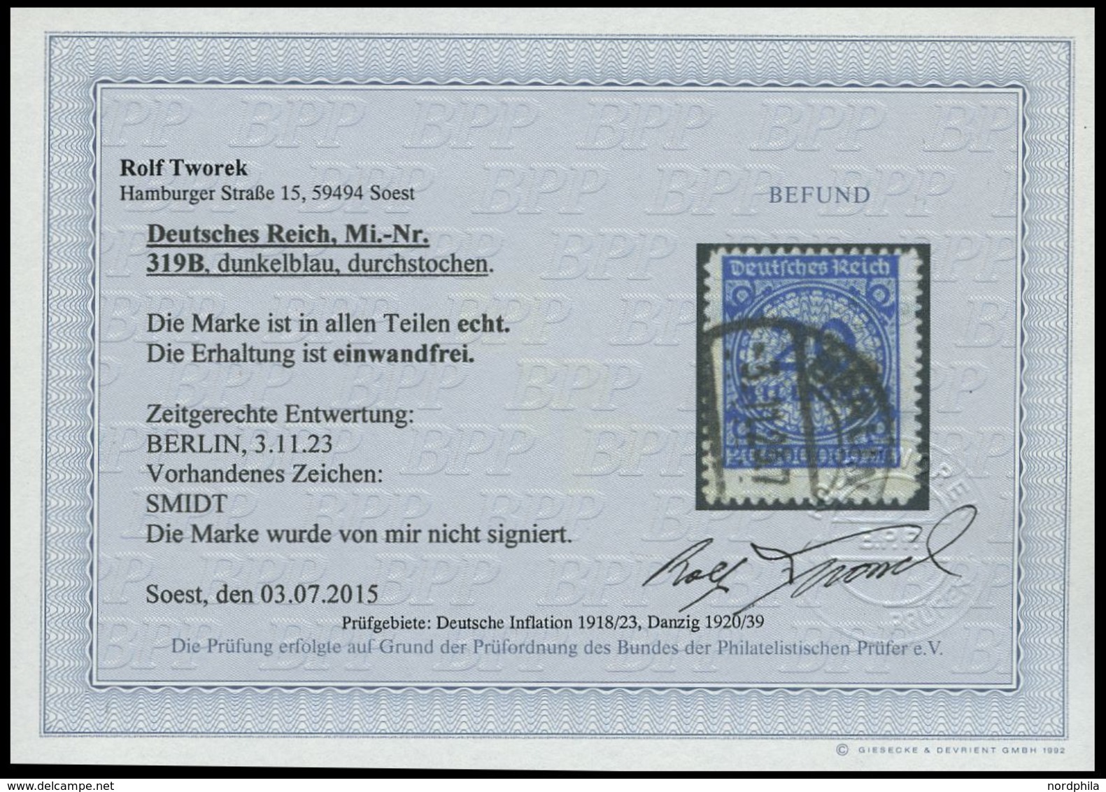 Dt. Reich 319B O, 1923, 20 Mio. M. Dunkelviolettultramarin, Durchstochen, Pracht, Fotobefund Tworek, Mi. 400.- - Oblitérés