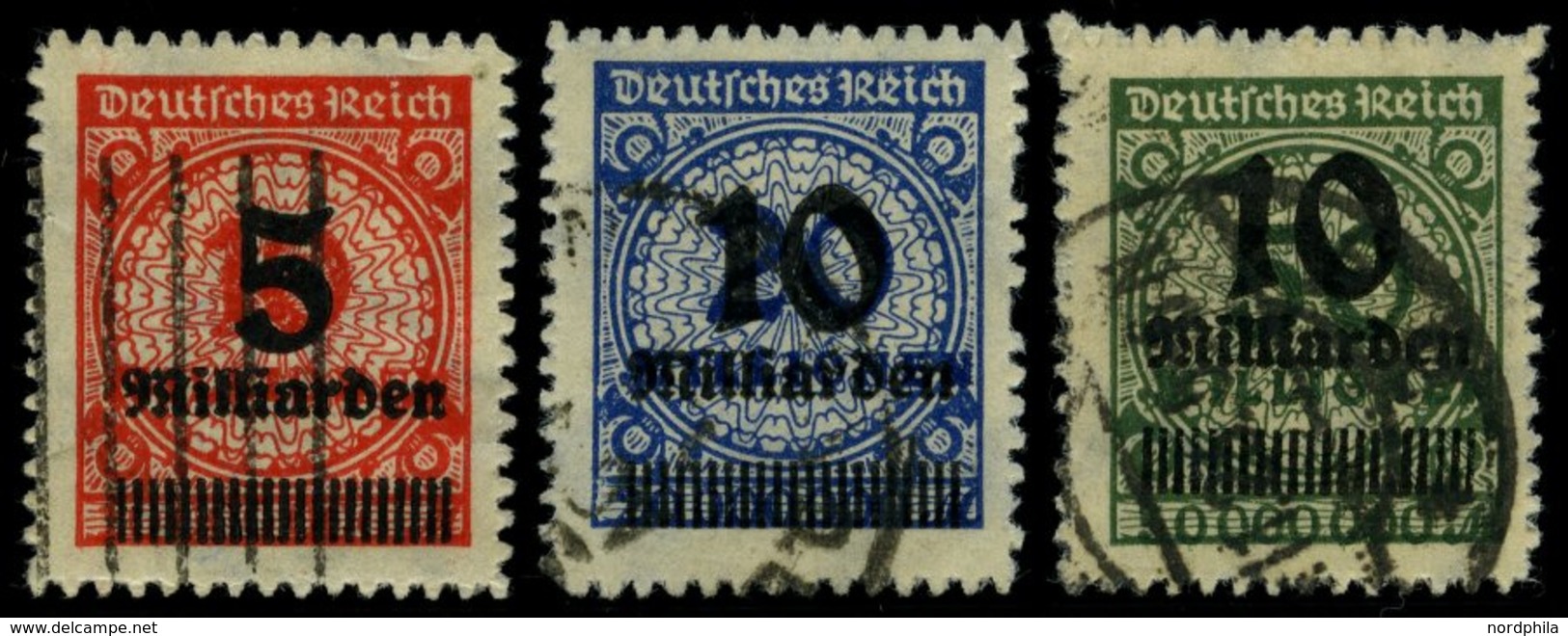 Dt. Reich 334-36B O, 1923, 5 Mrd. Auf 10 Mio. M. - 10 Mrd. Auf 50 Mio. M., Durchstochen, üblicher Durchstich, 3 Prachtwe - Gebruikt