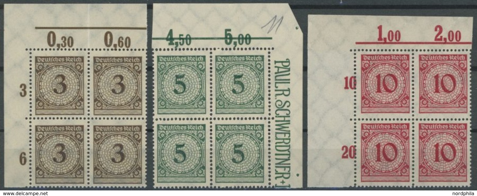 Dt. Reich 338-40Pa VB **, 1923, 3 - 10 Pf. Ziffer, Plattendruck, In Oberen Eckrandviererblocks, Postfrisch, Pracht - Used Stamps
