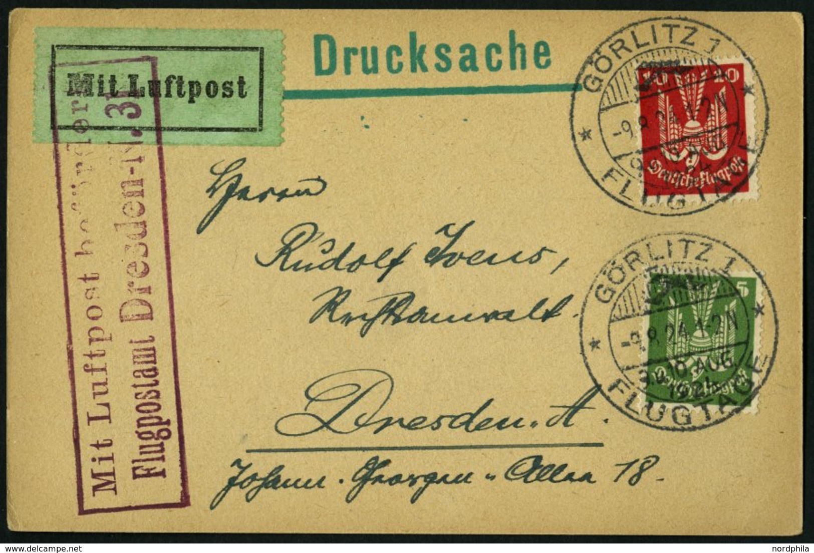 Dt. Reich 344/5 BRIEF, 1924, 5 Und 10 Pf. Holztaube Auf Luftpostdrucksache Mit Sonderstempel GÖRLITZ FLUGTAGE Und Luftpo - Usados