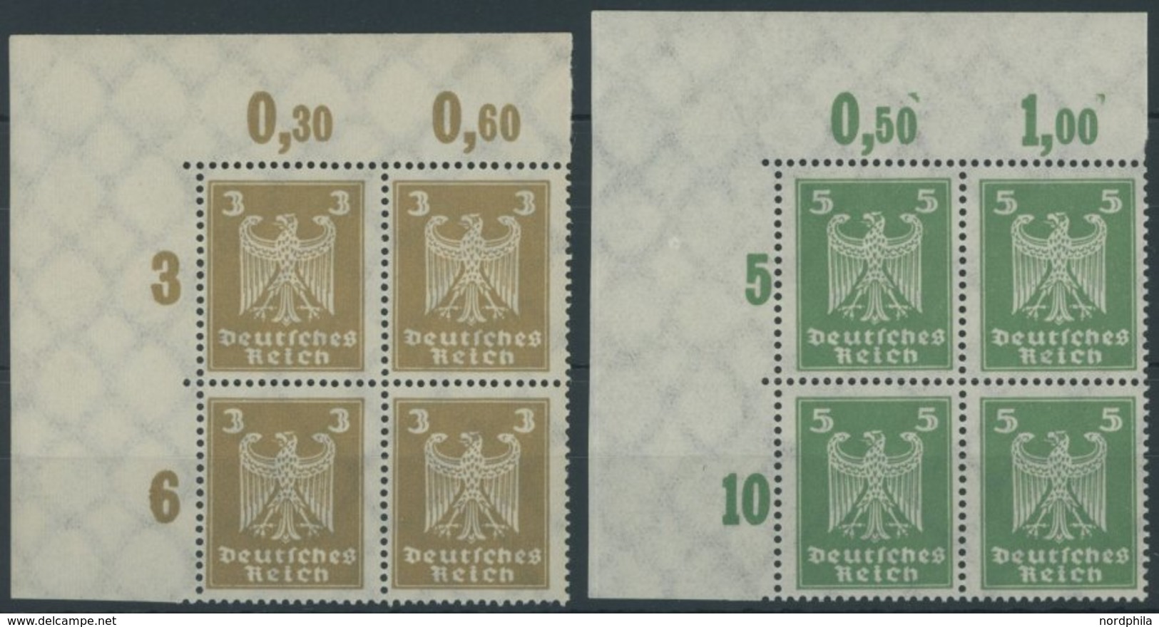 Dt. Reich 355/6XaP VB **, 1924, 3 Und 5 Pf. Reichsadler, Plattendruck, In Linken Oberen Eckrandviererblocks, Postfrisch, - Oblitérés