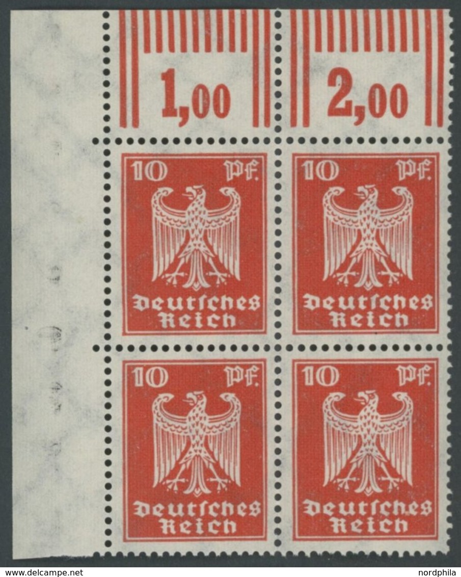 Dt. Reich 357XW VB **, 1924, 10 Pf. Reichsadler, Walzendruck, Im Linken Oberen Eckrandviererblock, Postfrisch, Pracht - Usati