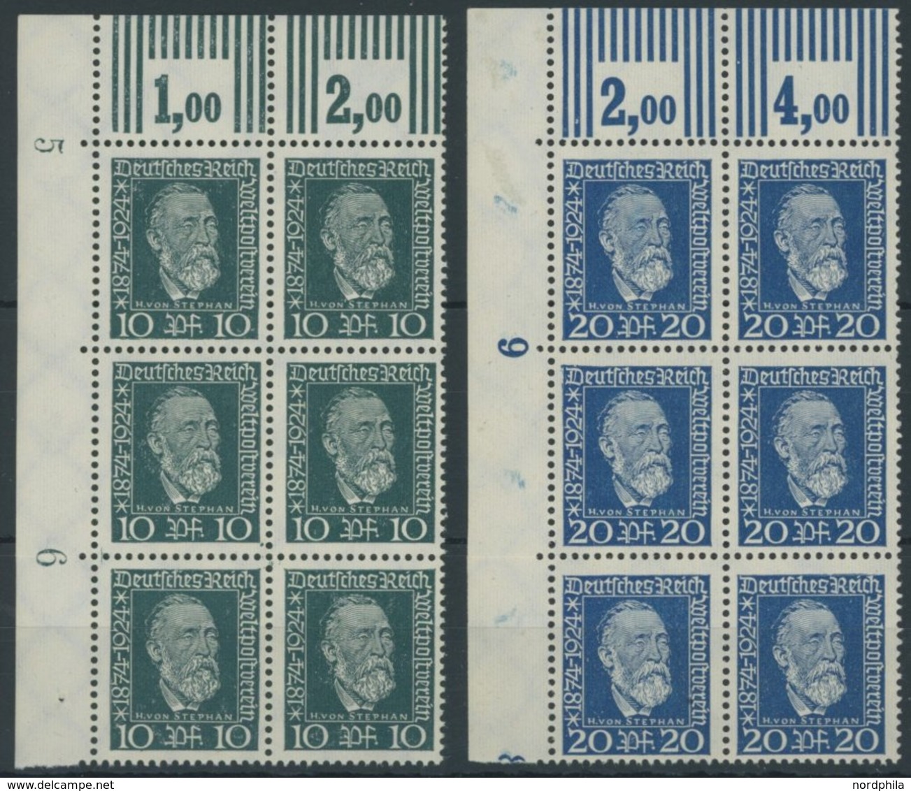 Dt. Reich 368/9W **, 1924, 10 Und 20 Pf. Stephan, Walzendruck 3`7`3, Im Sechserblock Aus Der Linken Oberen Bogenecke, Po - Used Stamps