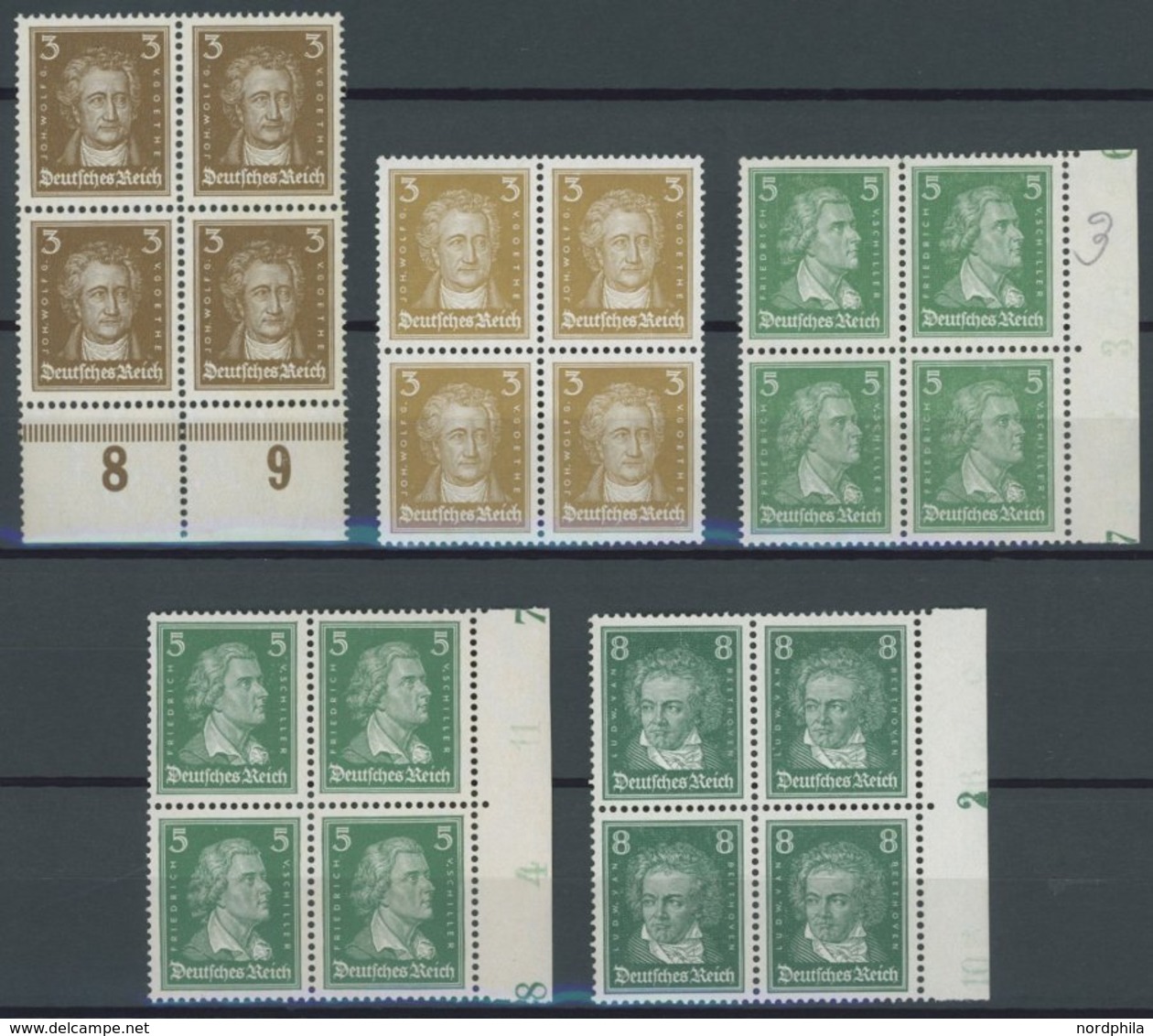 Dt. Reich 385-89 VB **, 1926, 3 - 8 Pf. Berühmte Deutsche In Viererblocks, Postfrisch, Pracht, Mi. 204.- - Oblitérés