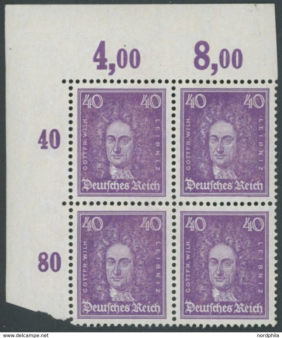 Dt. Reich 395POR VB **, 1926, 40 Pf. Leibniz, Plattendruck, Im Linken Oberen Eckrandviererblock, Postfrisch Pracht, Mi.  - Usados