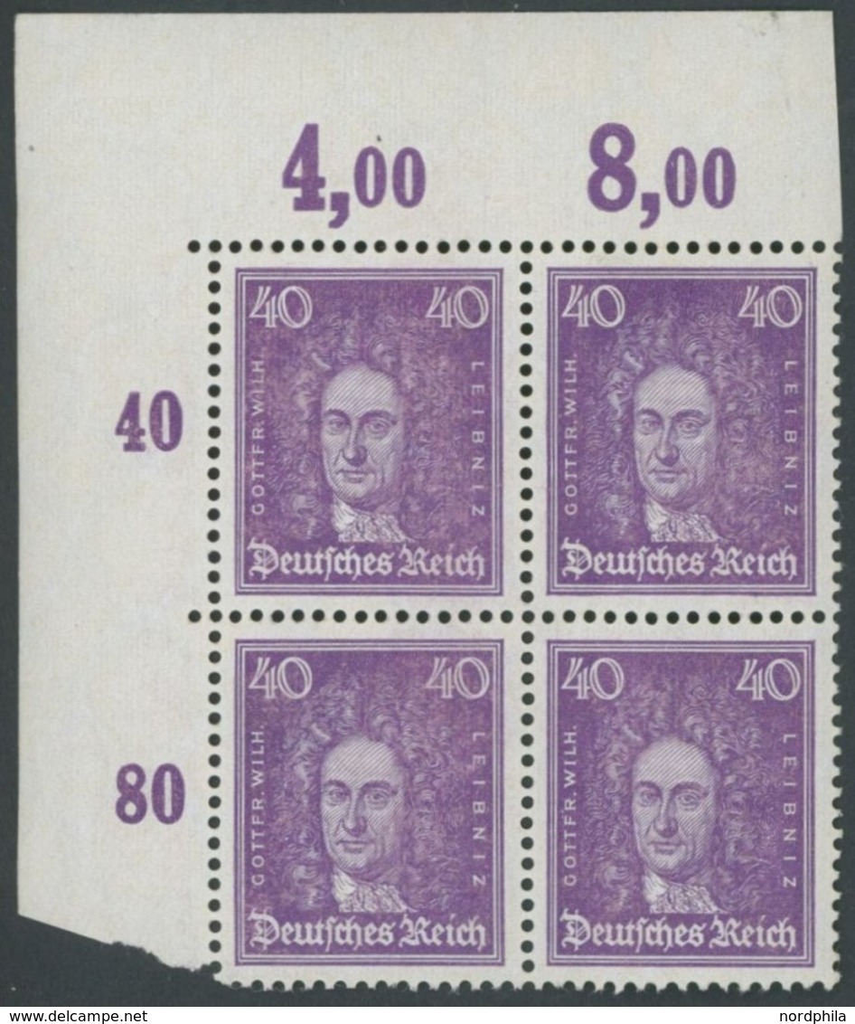 Dt. Reich 395POR VB **, 1926, 40 Pf. Leibniz, Plattendruck, Im Linken Oberen Eckrandviererblock, Postfrisch Pracht, Mi.  - Oblitérés