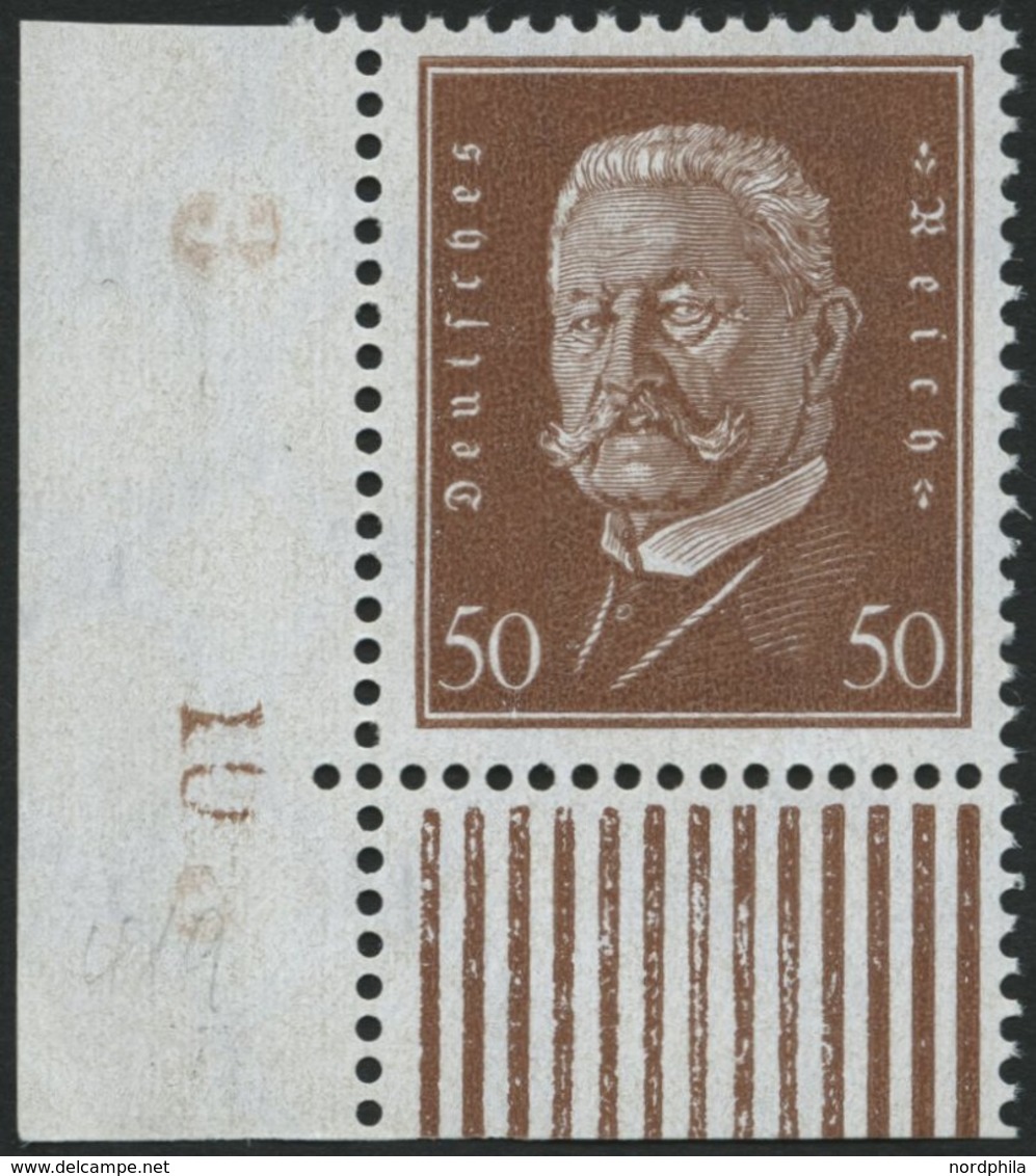 Dt. Reich 420 **, 1928, 50 Pf. Hindenburg, Untere Linke Bogenecke Mit Bogennummer, Pracht, Gepr. Schlegel - Usati