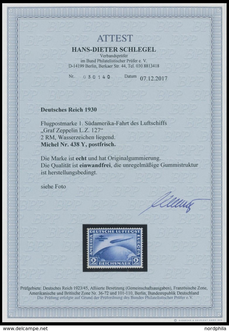 Dt. Reich 438Y **, 1930, 2 M. Südamerikafahrt, Wz. Liegend, Postfrisch, Pracht, Unsigniert, Fotoattest H.D. Schlegel: Di - Used Stamps