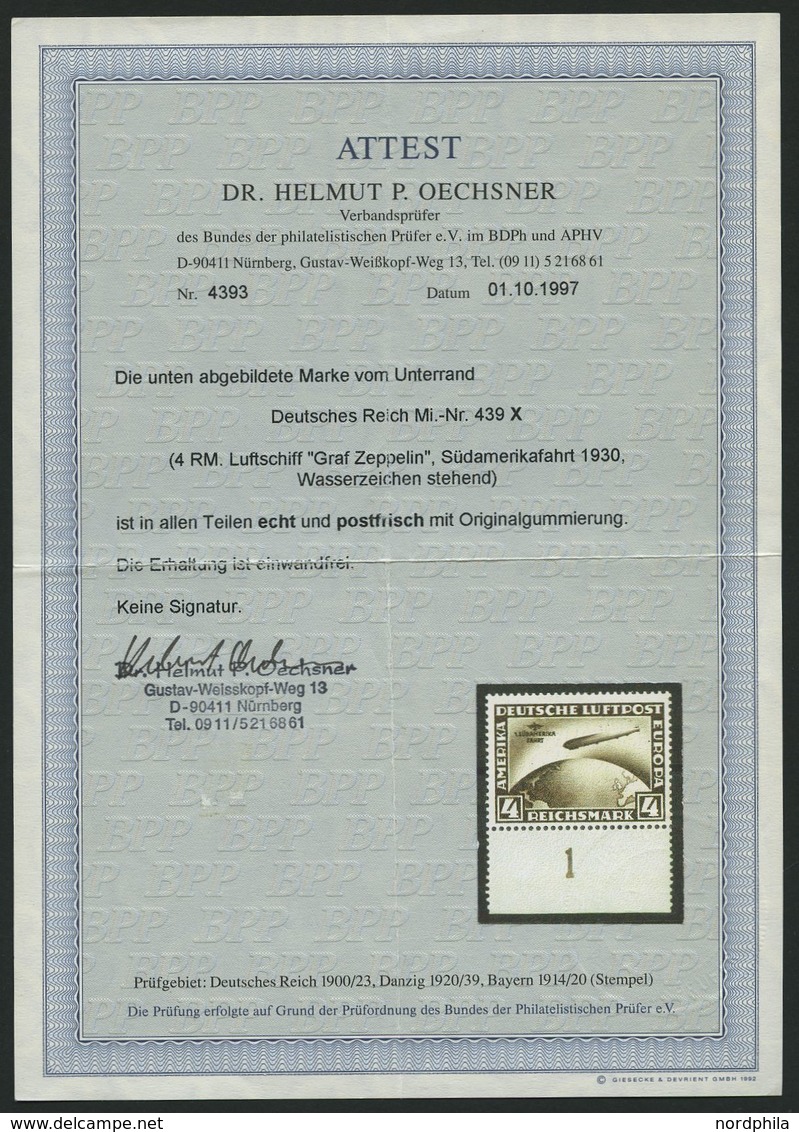 Dt. Reich 439X **, 1930, 4 RM Südamerikafahrt, Wz. Stehend, Unterrandstück, Pracht, Fotoattest Dr. Oechsner, Mi. 1800.- - Used Stamps