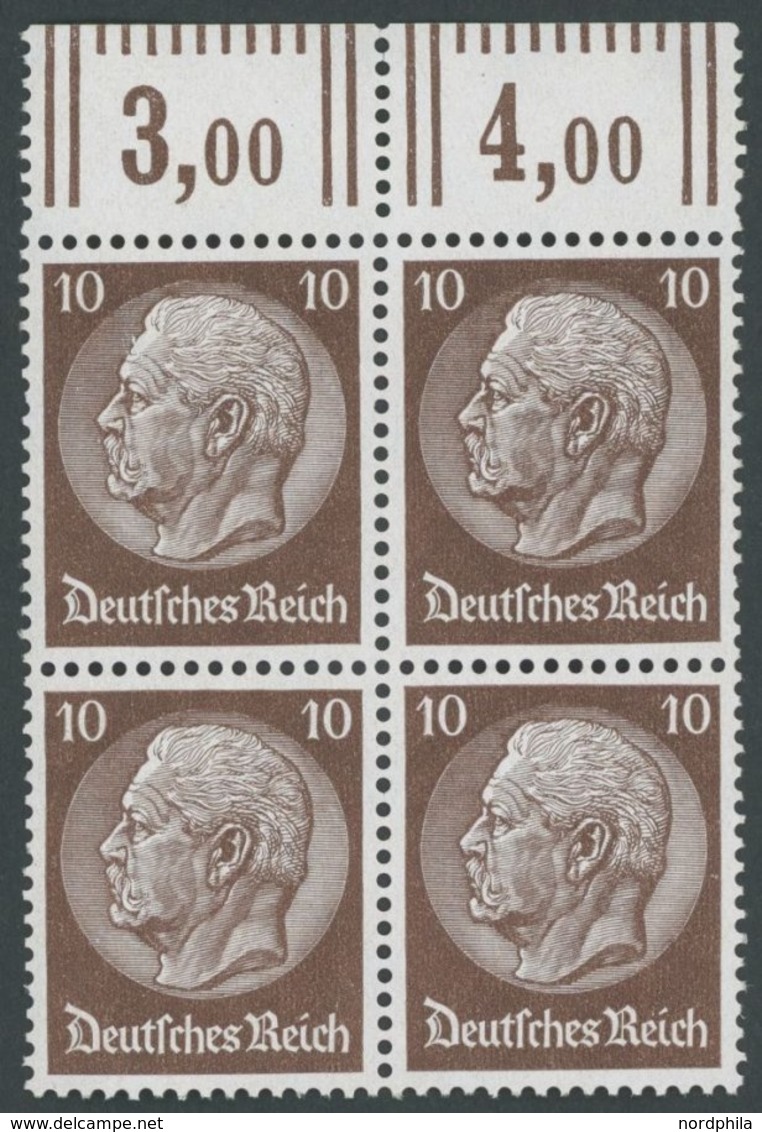 Dt. Reich 486WOR VB **, 1933, 10 Pf. Hindenburg, Wz. 2, Walzendruck, Im Oberrandviererblock, Normale Zähnung, Postfrisch - Otros & Sin Clasificación