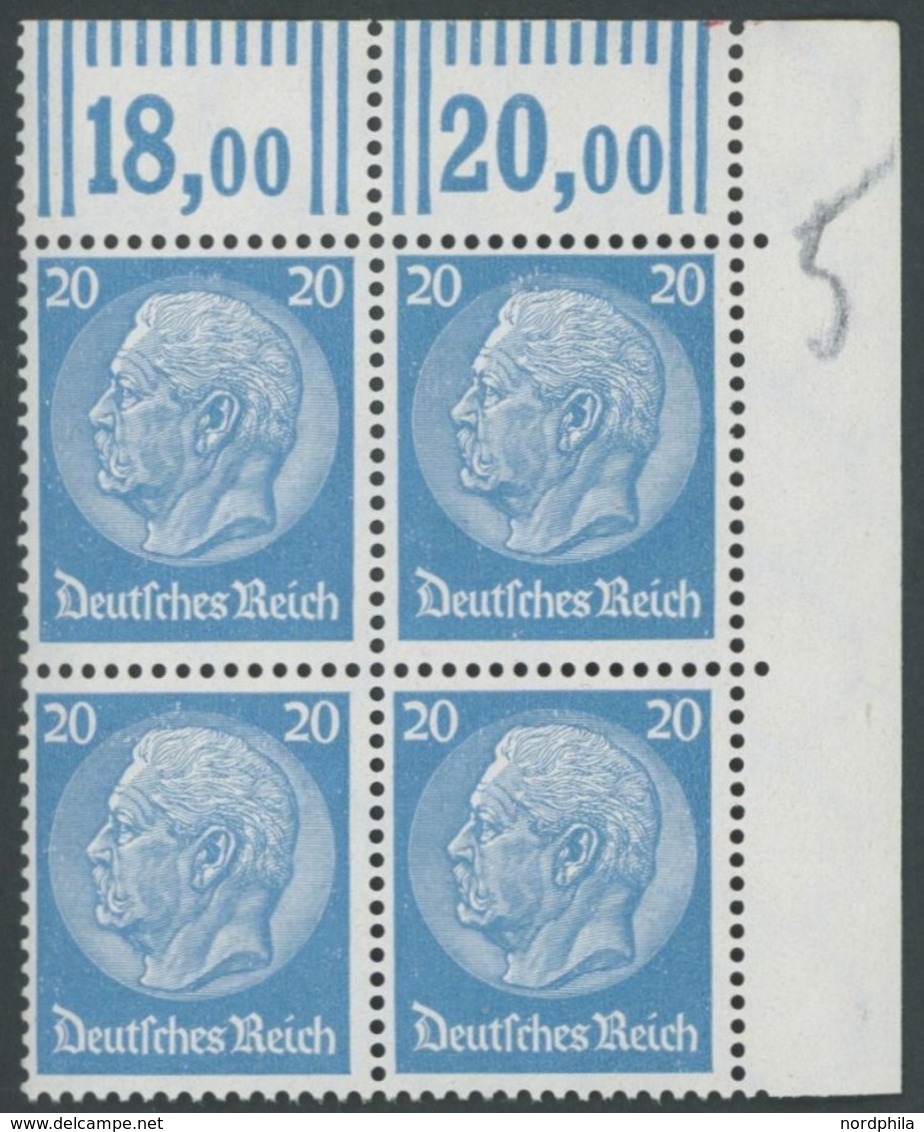Dt. Reich 489WOR VB **, 1933, 20 Pf. Hindenburg, Wz. 2, Walzendruck, Im Rechten Oberen Eckrandviererblock, Postfrisch, P - Otros & Sin Clasificación