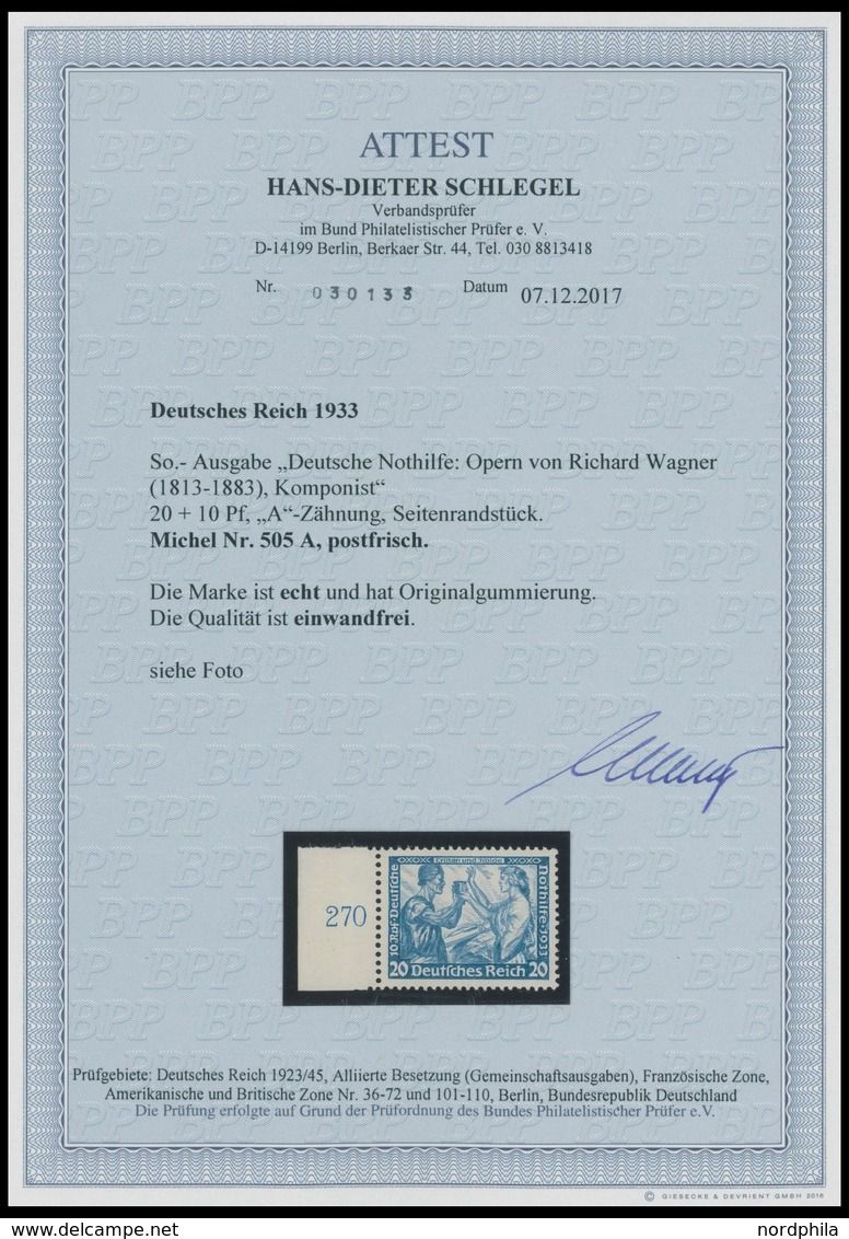 Dt. Reich 505A **, 1933, 20 Pf. Wagner, Gezähnt K 14:13, Linkes Seitenrandstück, Postfrisch, Pracht, Unsigniert, Fotoatt - Other & Unclassified