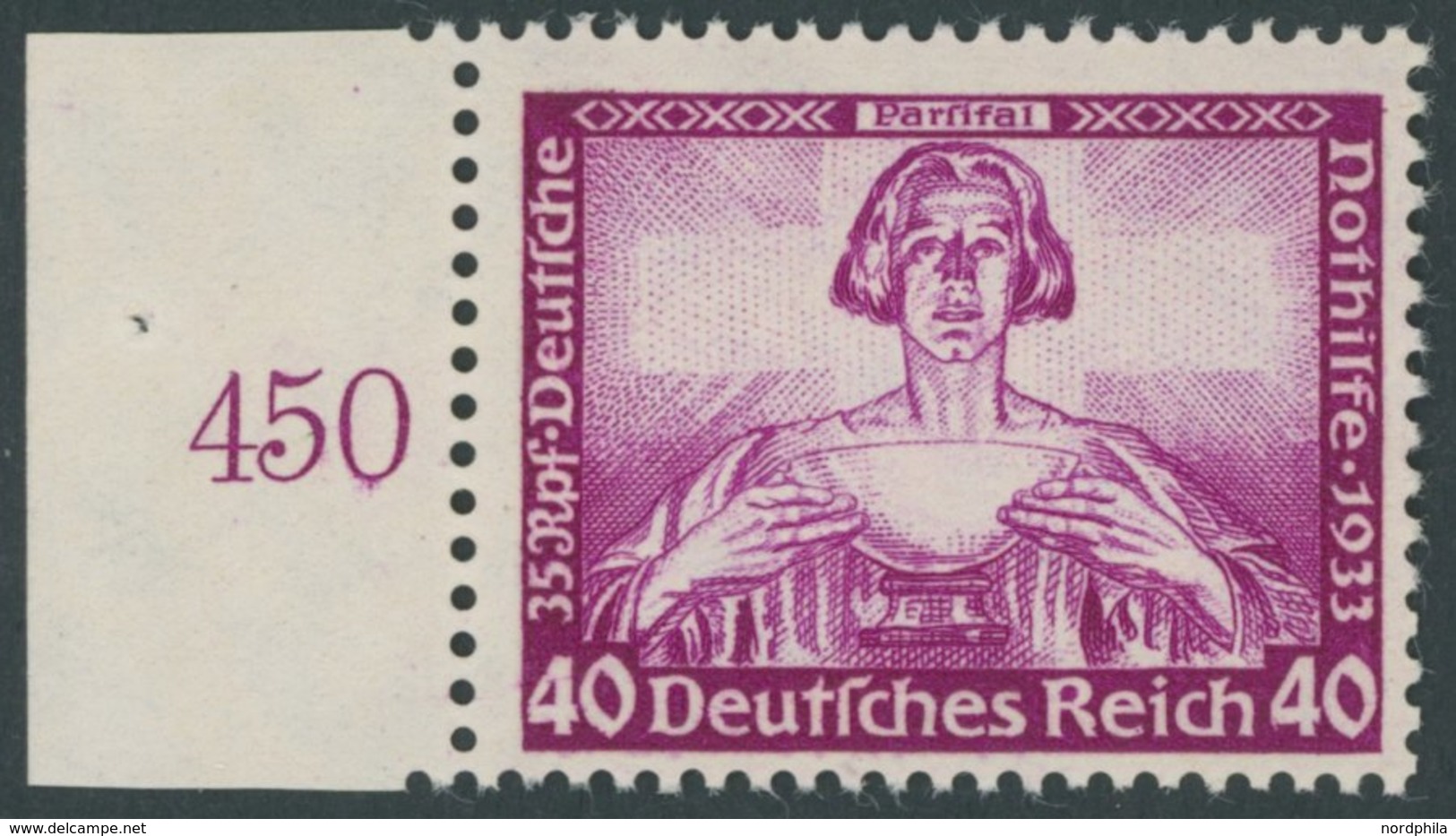 Dt. Reich 507 **, 1933, 40 Pf. Wagner, Linkes Seitenrandstück, Postfrisch, Pracht, Unsigniert, Fotoattest H.D. Schlegel: - Andere & Zonder Classificatie