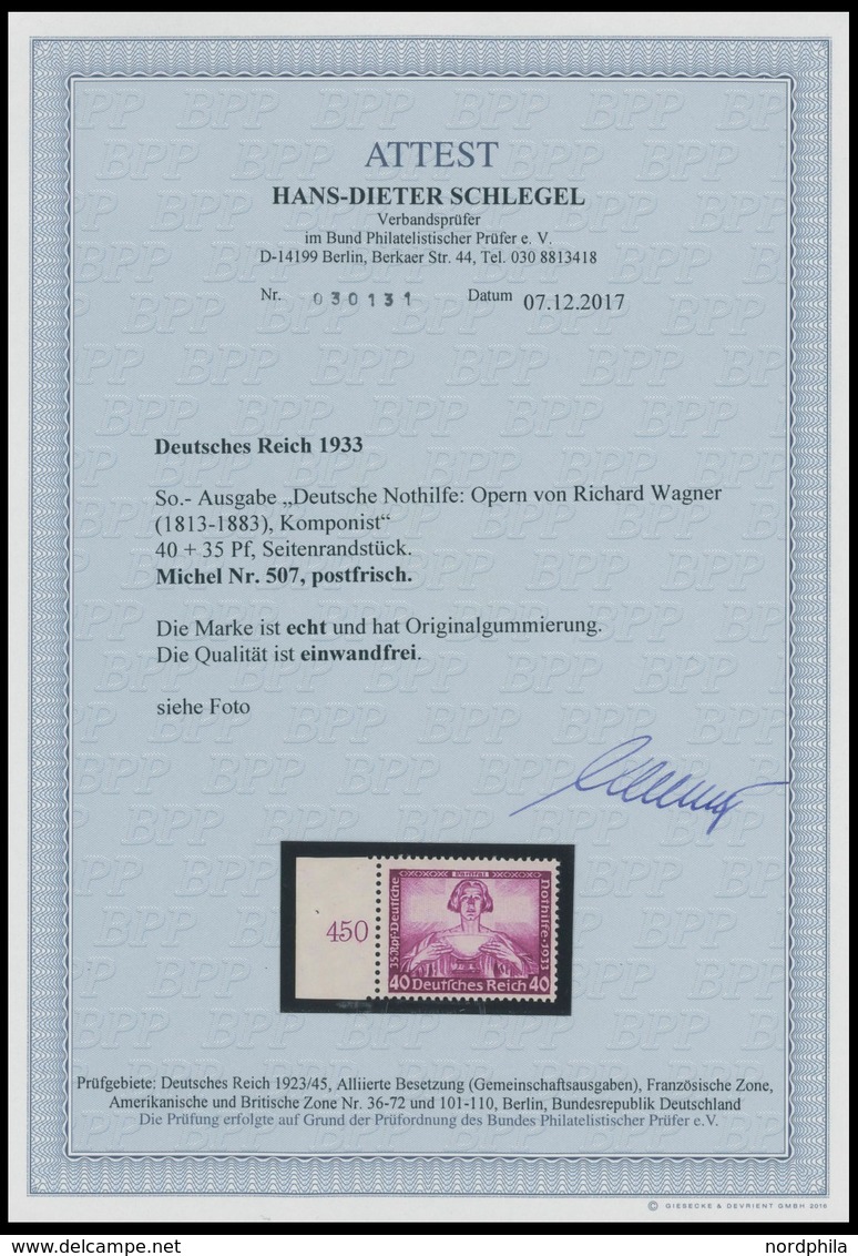 Dt. Reich 507 **, 1933, 40 Pf. Wagner, Linkes Seitenrandstück, Postfrisch, Pracht, Unsigniert, Fotoattest H.D. Schlegel: - Altri & Non Classificati