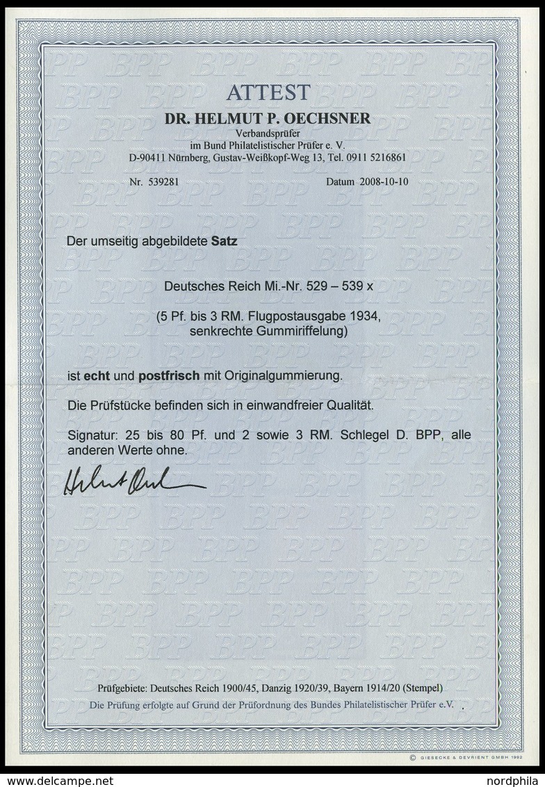 Dt. Reich 529-39x **, 1934, Flugpost, Postfrischer Prachtsatz, Fotoattest Dr. Oechsner, Mi. 800.- - Other & Unclassified