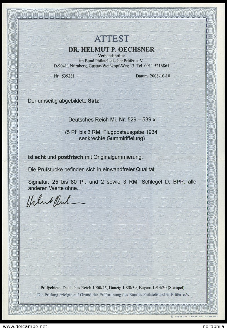 Dt. Reich 529-39x **, 1934, Flugpost, Postfrischer Prachtsatz, Fotoattest Dr. Oechsner, Mi. 800.- - Altri & Non Classificati