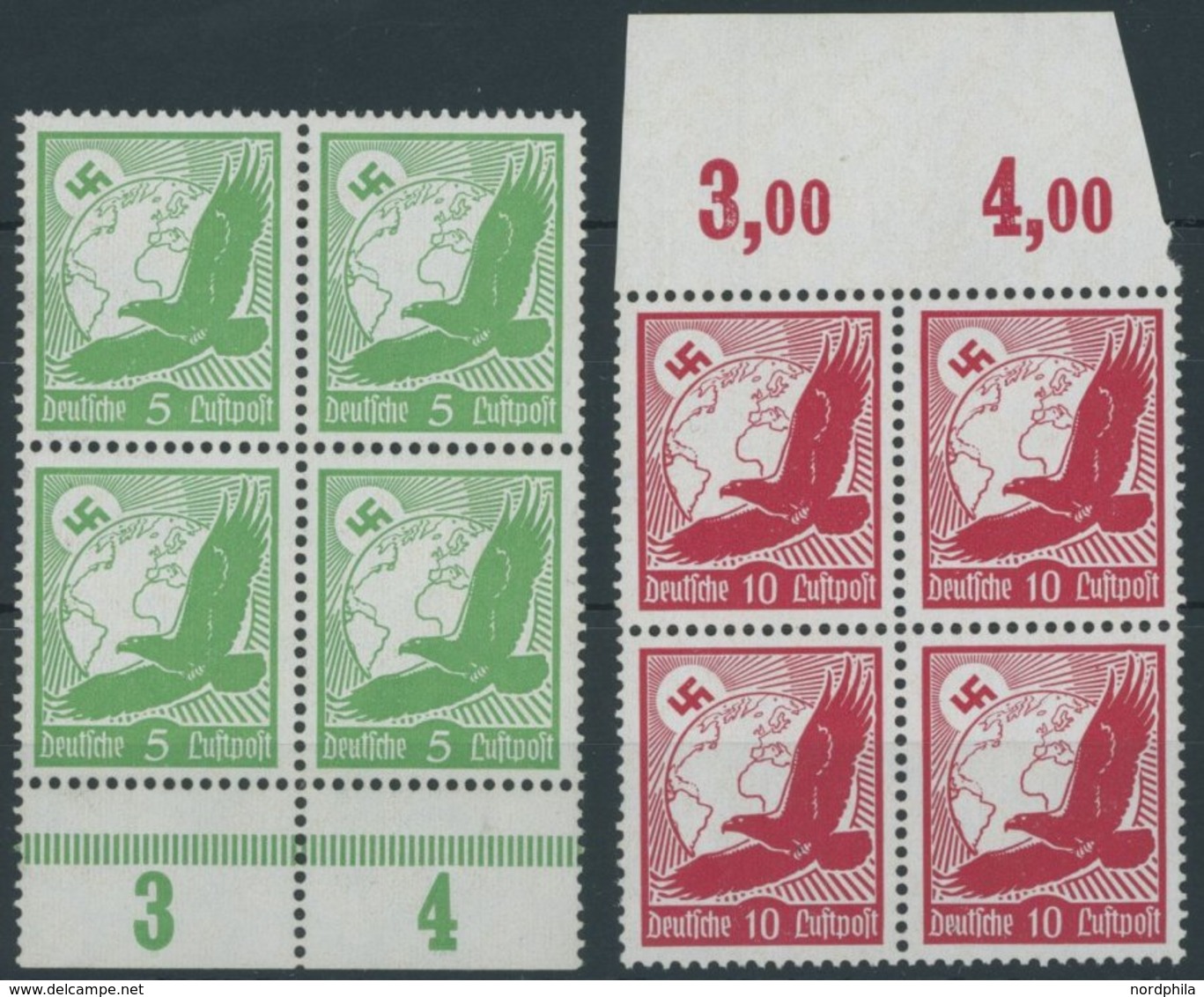 Dt. Reich 529/30x VB **, 1934, 5 Und 10 Pf. Flugpost, Senkrechte Gummiriffelung, Je Im Randviererblock, Postfrisch, Prac - Otros & Sin Clasificación