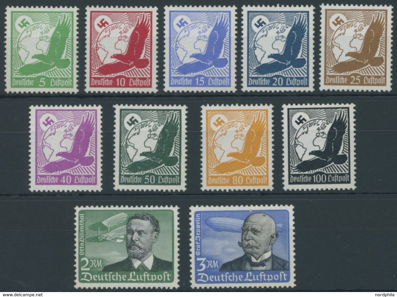 Dt. Reich 529-39x *, 1934, Flugpost, Senkrechte Gummiriffelung, Falzreste, Prachtsatz, Mi. 100.- - Altri & Non Classificati