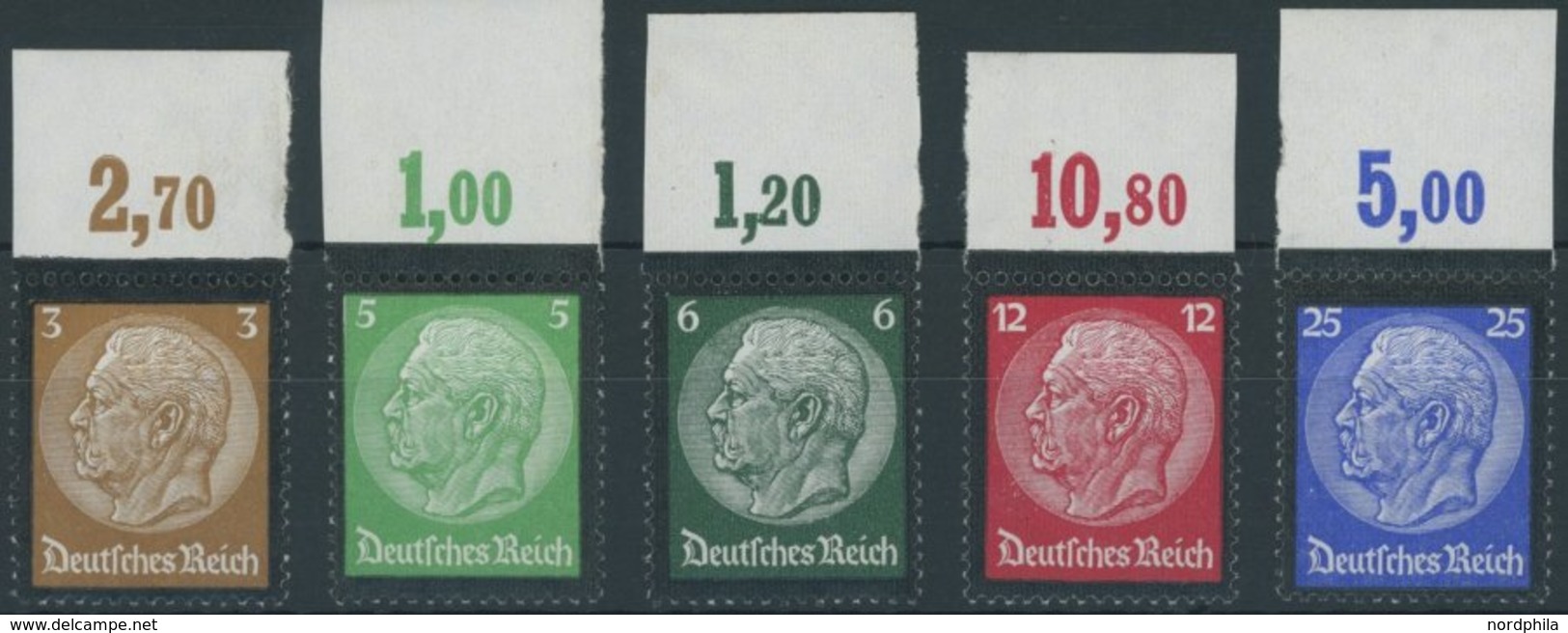 Dt. Reich 548-50,552/3POR **, 1934, 3 - 6, 12 Und 25 Pf. Hindenburg-Trauer, Plattendruck, 5 Oberrandwerte, Postfrisch, P - Other & Unclassified